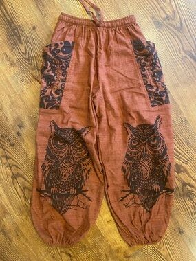 Cotton Harem Pant Owl Celtic Fish Bold Print,Cinch ties on leg to adjust length